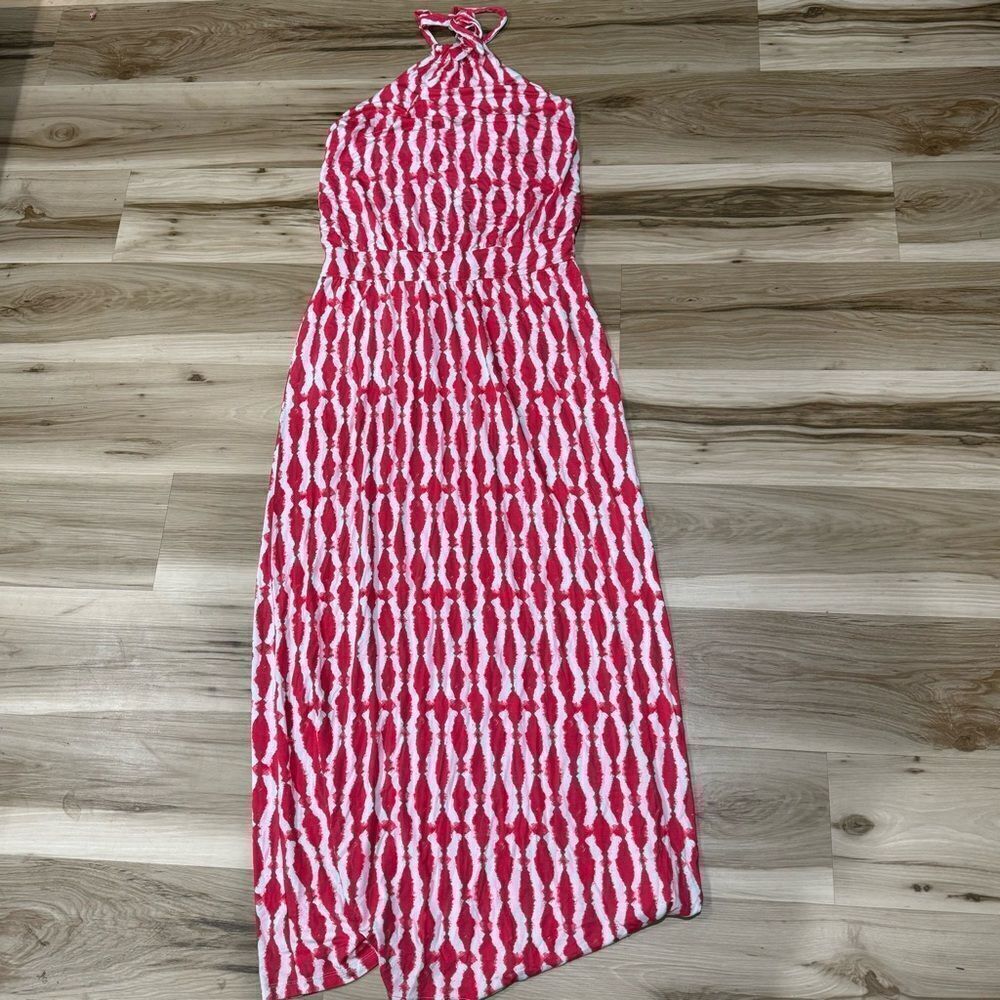 Tart Pink White Tie Dye Elastic Halter Maxi Dress Women’s Large